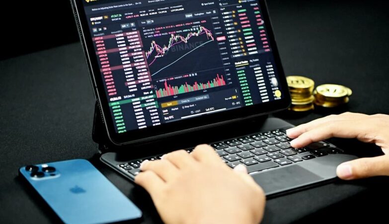 Person using a laptop, checking cryptocurrency charts, exploring Everix Edge trading platform.
