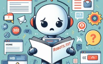 An illustration of a robot reading a 'Robots.txt' file with a confused expression surrounded by common website icons like a home page, search bar, and error messages.