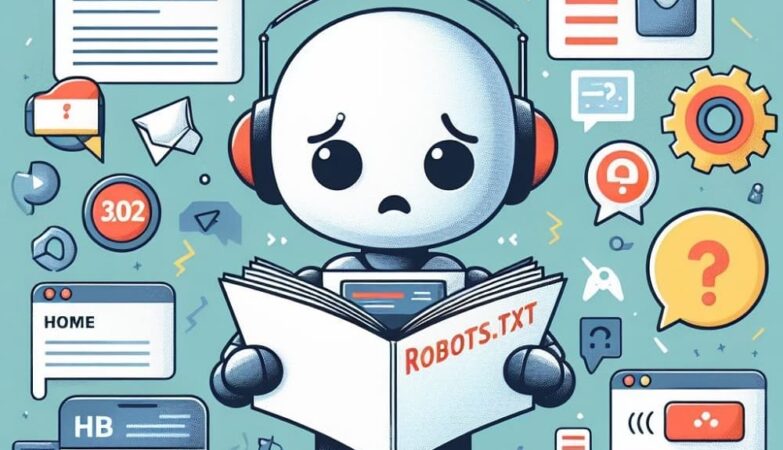 An illustration of a robot reading a 'Robots.txt' file with a confused expression surrounded by common website icons like a home page, search bar, and error messages.