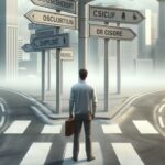 An image of a person standing at a crossroads with signposts pointing to different careers.