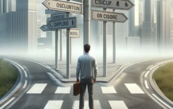 An image of a person standing at a crossroads with signposts pointing to different careers.