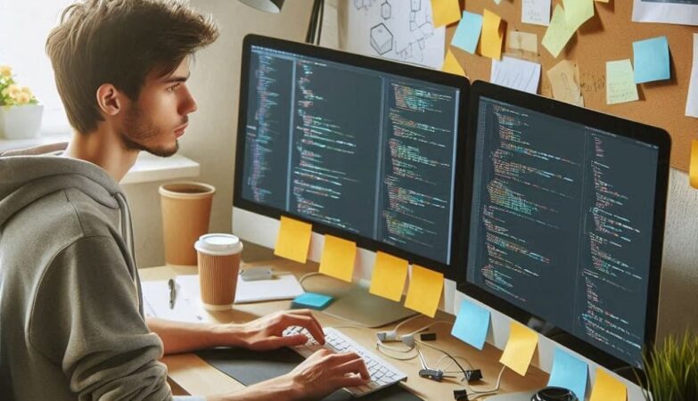 A developer sitting in front of a computer and coding using HTML Attributes.