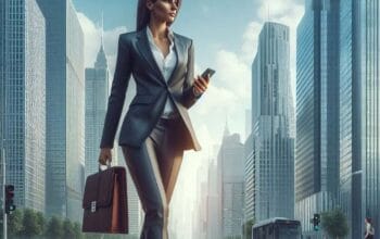 A realistic illustration of a woman, depicted in a rectangular format, chasing her career goals with determination. The background features a cityscape, symbolizing opportunities and growth. She is dressed in professional attire, focusing on her future with confidence and ambition.