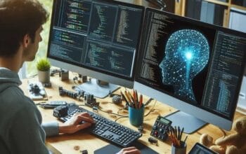 Machine learning engineer working with code on a dual-screen computer setup.
