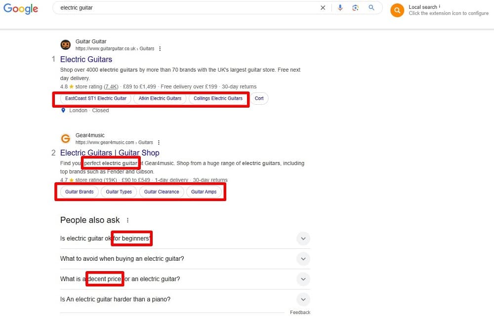 Screenshot of a SERP for 'electric guitar' search term.