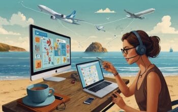 Modern depiction of a digital nomad balancing work and travel, featuring a woman working online by the seaside with global and checklist icons.