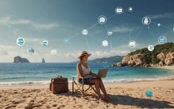 Digital nomad on the beach creating a high-converting affiliate blog on her laptop.