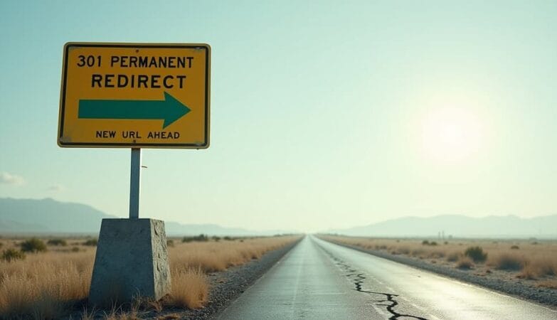 Conceptual image of a 301 permanent redirect: a road sign pointing from an old URL to a new one.