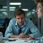 Employee sitting stressed at a desk.