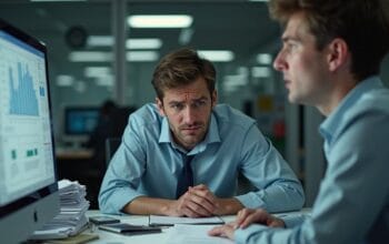 Employee sitting stressed at a desk.