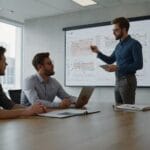 Image of SEO specialists in a meeting room reviewing a diagram on a screen that explains how to spot long tail keyword queries in GSC