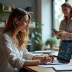 Professional SEO specialist working in her modern home office. She is sitting at a clean, stylish desk with a laptop open in front of her, brainstorming about The Real SEO Impact of Changing Your Site Language.