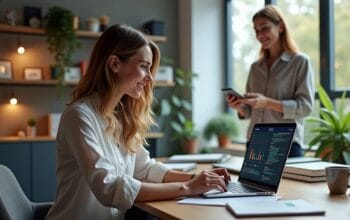 Professional SEO specialist working in her modern home office. She is sitting at a clean, stylish desk with a laptop open in front of her, brainstorming about The Real SEO Impact of Changing Your Site Language.
