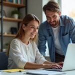 Female SEO expert and colleague reviewing SEO data on laptop in bright modern home office, brainstorming site language change effects. Desk with coffee, notes, and plants in background. Professional, warm collaborative mood. Realistic style.