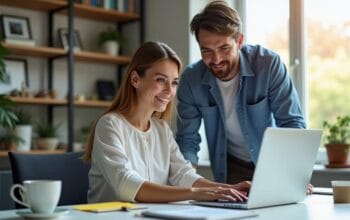 Female SEO expert and colleague reviewing SEO data on laptop in bright modern home office, brainstorming site language change effects. Desk with coffee, notes, and plants in background. Professional, warm collaborative mood. Realistic style.