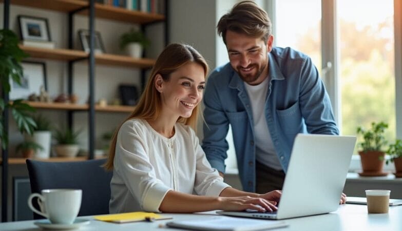 Female SEO expert and colleague reviewing SEO data on laptop in bright modern home office, brainstorming site language change effects. Desk with coffee, notes, and plants in background. Professional, warm collaborative mood. Realistic style.