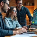 image of a professional SEO specialist working, showing white hat, grey hat, and black hat SEO differences. Include a friendly colleague standing nearby, discussing something on the laptop screen, creating a collaborative and approachable atmosphere