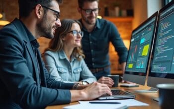 image of a professional SEO specialist working, showing white hat, grey hat, and black hat SEO differences. Include a friendly colleague standing nearby, discussing something on the laptop screen, creating a collaborative and approachable atmosphere