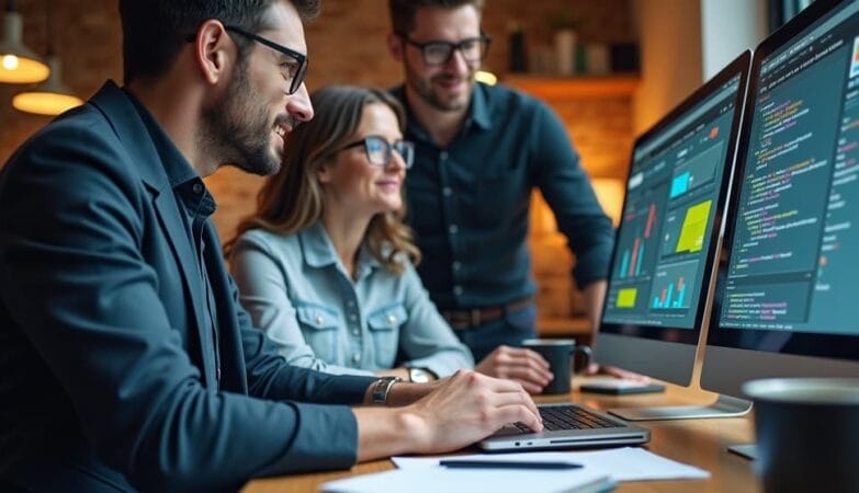 image of a professional SEO specialist working, showing white hat, grey hat, and black hat SEO differences. Include a friendly colleague standing nearby, discussing something on the laptop screen, creating a collaborative and approachable atmosphere