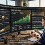 Digital marketer analysing SEO trends dashboard with organic traffic and ranking growth metrics.