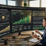 Digital marketer analysing SEO trends dashboard with organic traffic and ranking growth metrics.