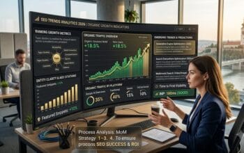 Digital marketer analysing SEO trends dashboard with organic traffic and ranking growth metrics.