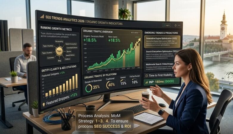 Digital marketer analysing SEO trends dashboard with organic traffic and ranking growth metrics.