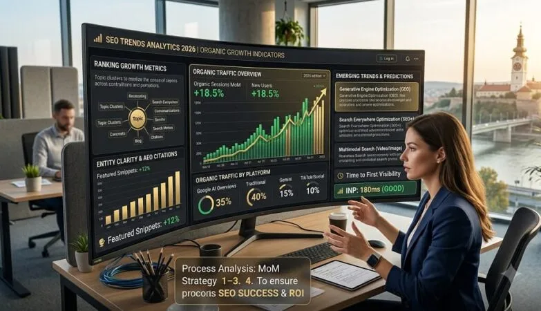 Digital marketer analysing SEO trends dashboard with organic traffic and ranking growth metrics.