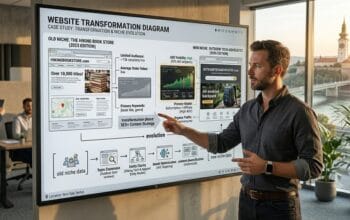 Digital marketer analysing Website transformation diagram showing evolution from old niche to new niche.