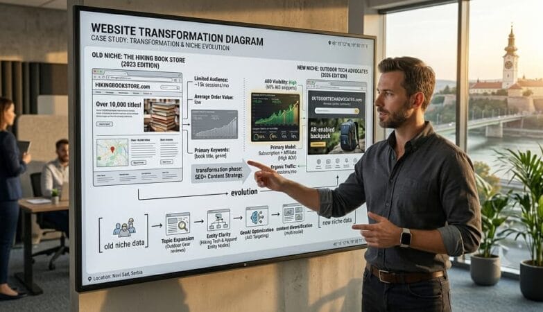 Digital marketer analysing Website transformation diagram showing evolution from old niche to new niche.