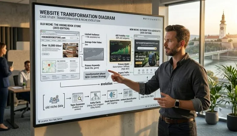 Digital marketer analysing Website transformation diagram showing evolution from old niche to new niche.