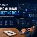 A modern digital marketing workspace showing a person working on a laptop with an AI marketing dashboard, analytics charts, and automation workflow visuals, alongside a bold headline about building AI marketing tools and icons representing automation, analysis, optimisation, and engagement on a dark blue tech themed background.