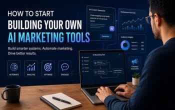 A modern digital marketing workspace showing a person working on a laptop with an AI marketing dashboard, analytics charts, and automation workflow visuals, alongside a bold headline about building AI marketing tools and icons representing automation, analysis, optimisation, and engagement on a dark blue tech themed background.