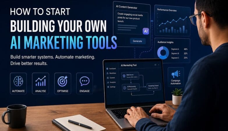 A modern digital marketing workspace showing a person working on a laptop with an AI marketing dashboard, analytics charts, and automation workflow visuals, alongside a bold headline about building AI marketing tools and icons representing automation, analysis, optimisation, and engagement on a dark blue tech themed background.